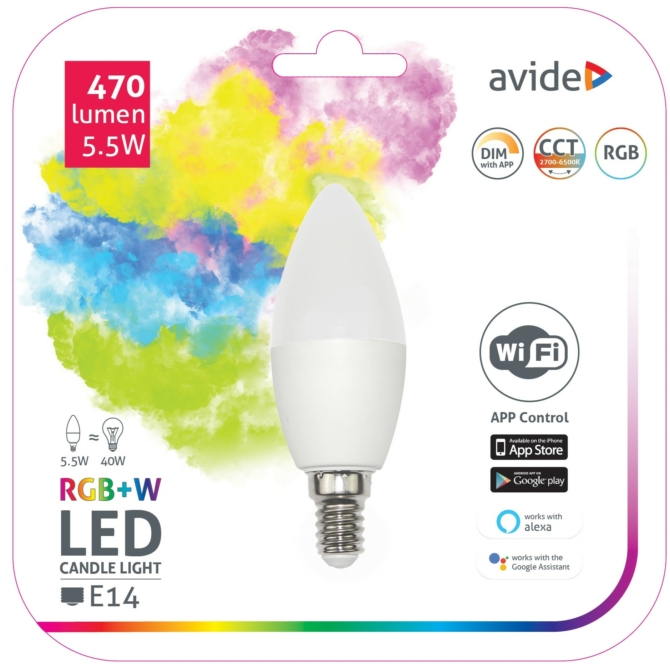 Avide Smart LED E14 Candle izzó 5.5W RGB+W WIFI APP Control