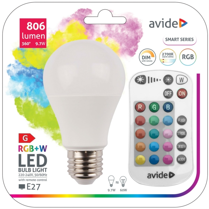 Avide Smart LED izzó A60 9.7W RGB+W 2700K IR Távirányítóval