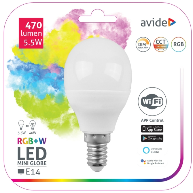 Avide Smart LED E14 Mini Globe izzó 5.5W RGB+W WIFI APP Control