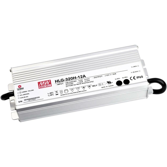 Mean Well HLG-320H-12A LED tápegység, 12V, 320W, 22A, IP65, fém ház