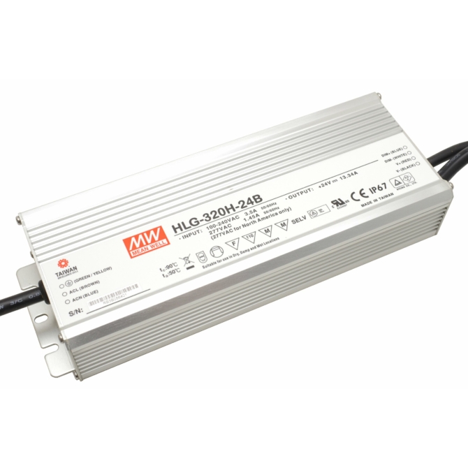 Mean Well HLG-320H-24B dimmelhető LED tápegység, 24V, 320W, 13.34A, IP65, fém ház