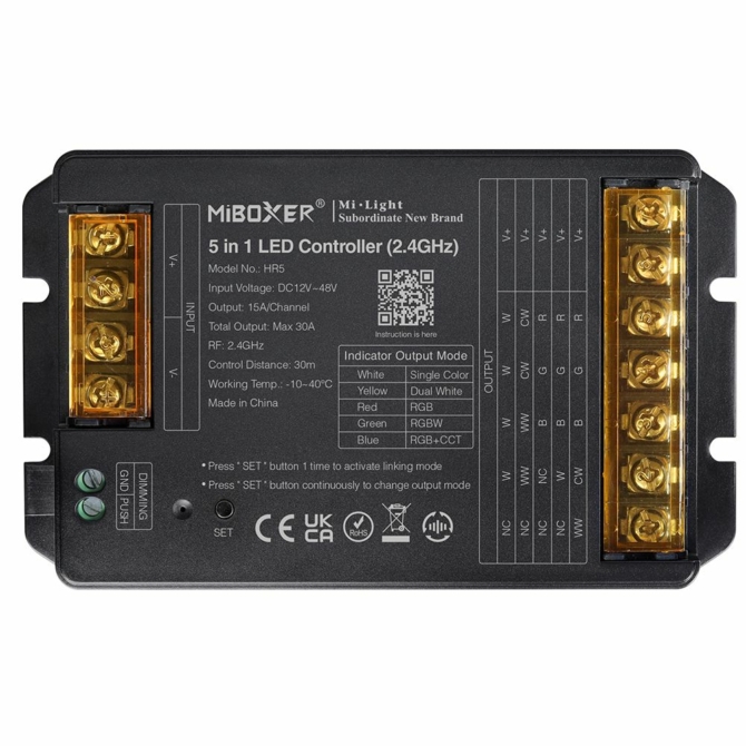 MiLight HR5 5 az 1-ben LED vezérlő egyszínű, CCT, RGB, RGBW, RGB+CCT szalagokhoz, 30A