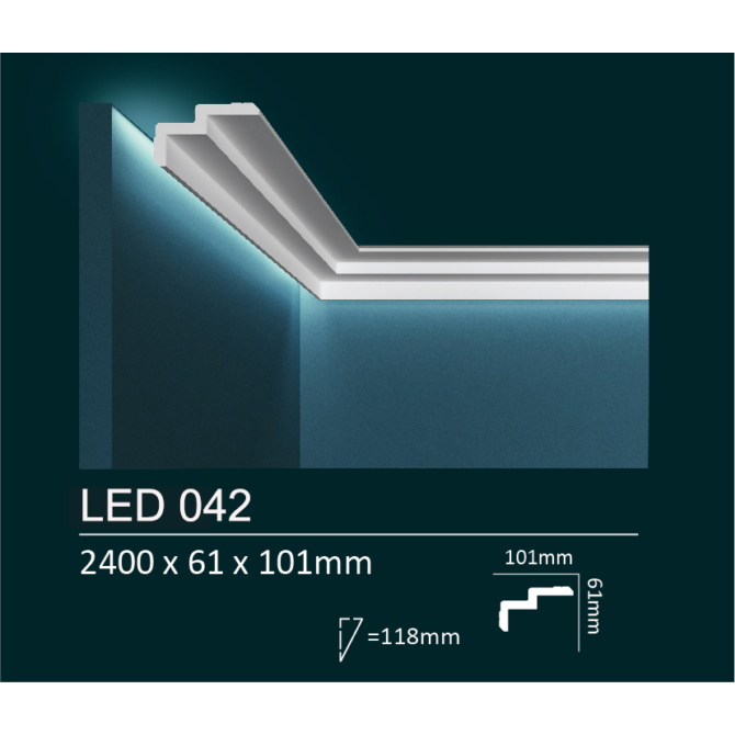 Dubai Decor LED042 rejtett világításos/holker díszléc 2400 x 61 x 101 mm