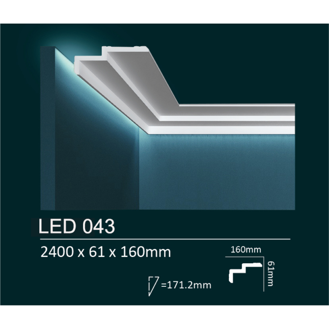 Dubai Decor LED043 rejtett világításos/holker díszléc 2400 x 61 x 160 mm