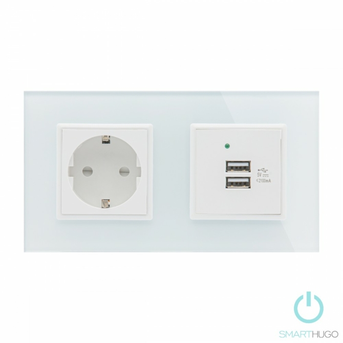 SmartHugo Dupla Sorolt Fehér Üvegkeretes Konnektor + Dupla USB Csatlakozó