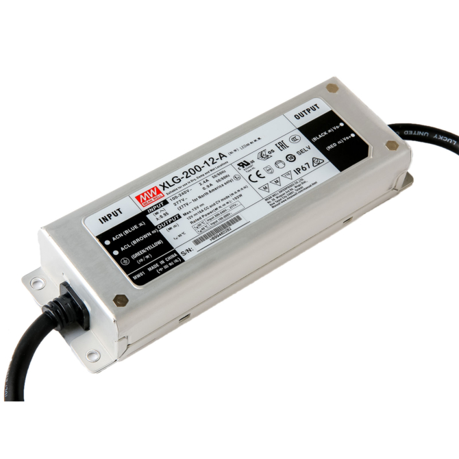 Mean Well XLG-200-12A LED tápegység, 12V, 200W, 16A, IP67, fém ház